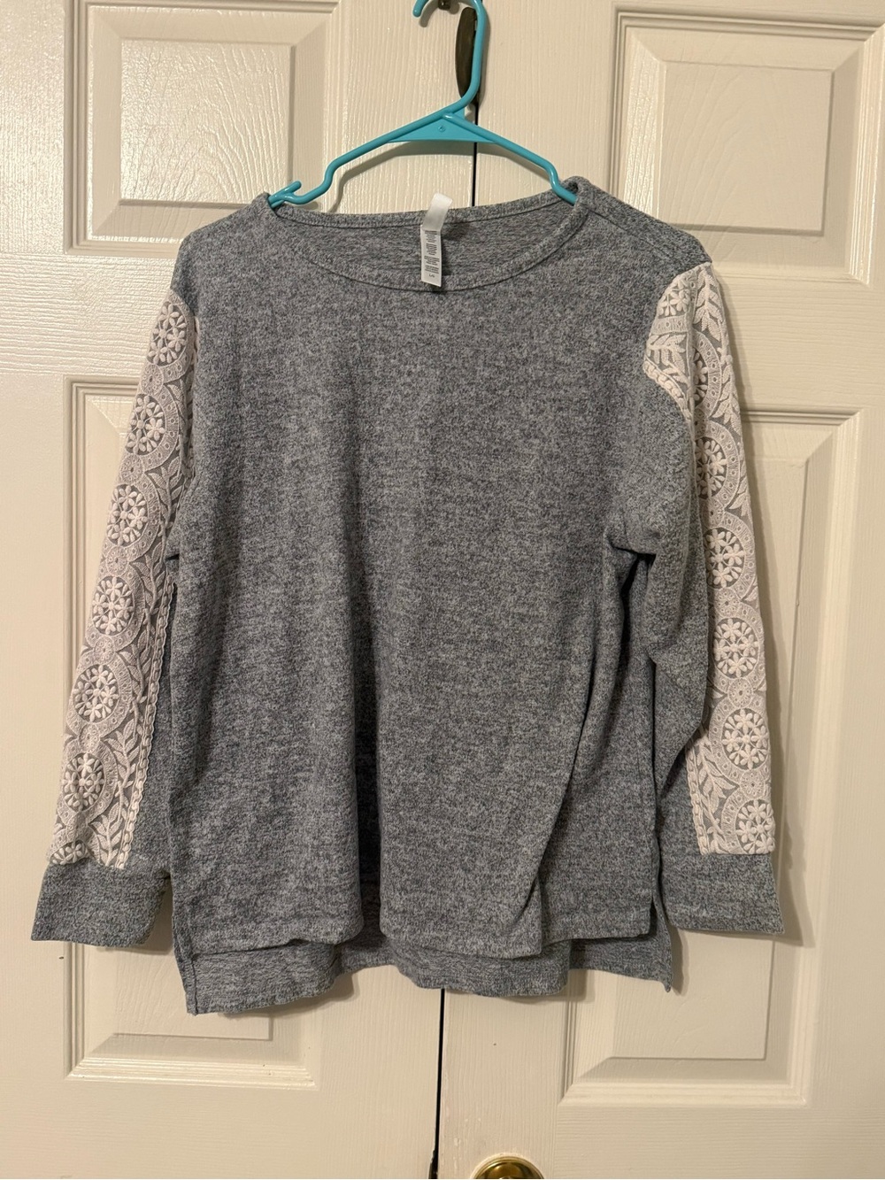 Flora Nikrooz Gray Crewneck Sweater with Cream Lace Sleeves